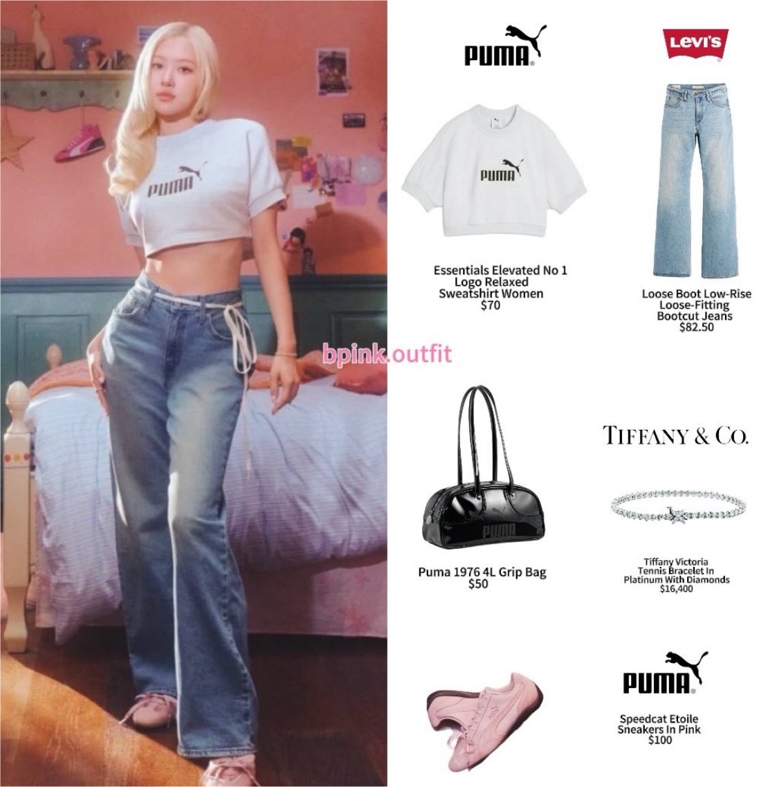 RosiebyRoseNYC's tweet photo. Puma must love Rosé, she's wearing Tiffany and Levi's 😂😭 https://t.co/EwsOKQXpSt