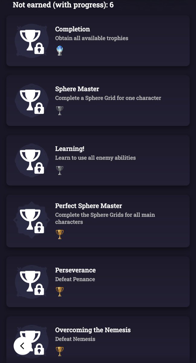 OzzysGameRoom's tweet photo. It sounds silly but my Holy Grail of trophy hunting has been Final Fantasy X-HD. I've been at it with this game for years slowly chipping away, but the grind for the completed Sphere Grid trophies is what always ends up making me take extended breaks from the game. https://t.co/34x7mbrnPn
