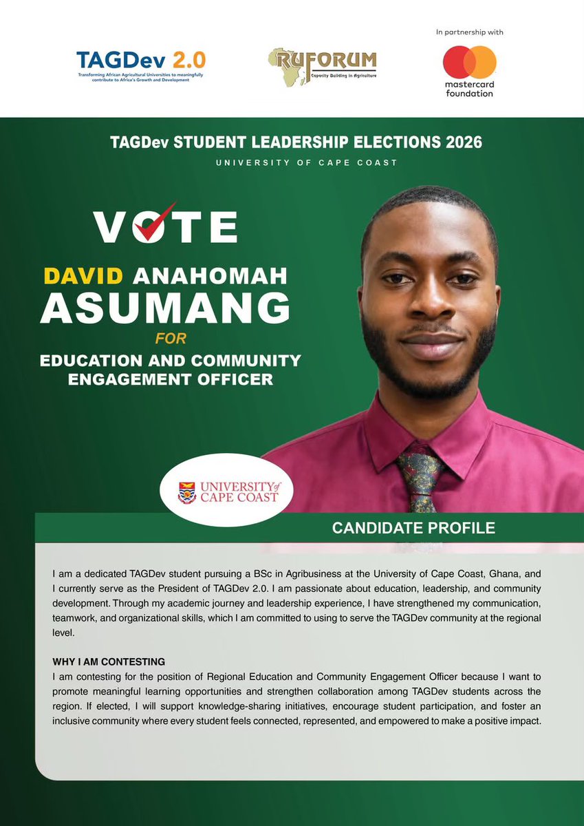 TAGDev_UCC's tweet photo. The University of Cape Coast (UCC) proudly presents David Anahomah Asumang, who is contesting for the position of Education and Community Engagement Officer. https://t.co/ZcrmX9xdy0