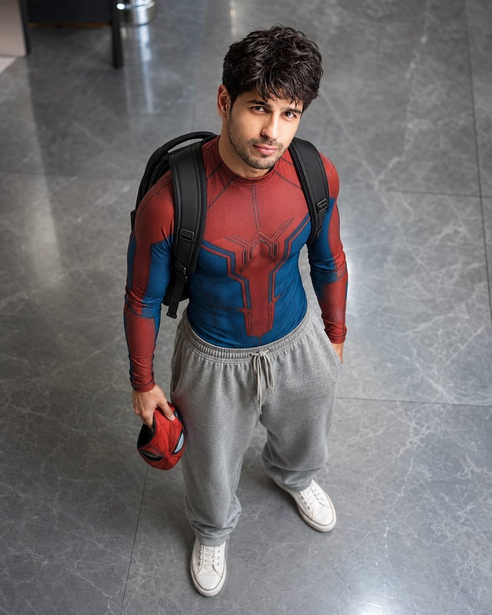 aatif_j's tweet photo. For both girls & boys,
SpiderInspired❤️🕷️- Prompt ⬇️

Ultra-realistic 8K cinematic high-angle full-body portrait of the person from the uploaded reference image, standing indoors on a polished grey marble tiled floor and looking up at the camera. He wears a red-and-blue superhero-inspired suit (not an exact Spider-Man replica) on the upper body, loose grey sweatpants, white canvas shoes, a black backpack on both shoulders, and holds a red superhero mask in his left hand. Soft natural indoor lighting, relaxed after-school vibe, DSLR, HDR, ultra-sharp focus, shallow depth of field, photorealistic, 4:5 vertical composition. Preserve the person's facial features, hairstyle, beard, and skin tone from the reference image.