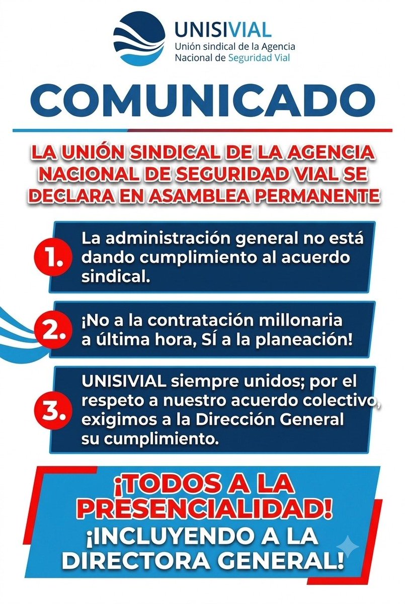 UNISIVIAL's tweet photo. Desde el sindicato de la Agencia Nacional de Seguridad Vial nos declaramos en Asamblea Permanente, exigiendo el cumplimiento del Acuerdo Colectivo y la suspensión de trámites contractuales que se adelantan indiscriminadamente. #ansv #contraloria #gustavopetro #delaespriella https://t.co/V5zEVDXANU