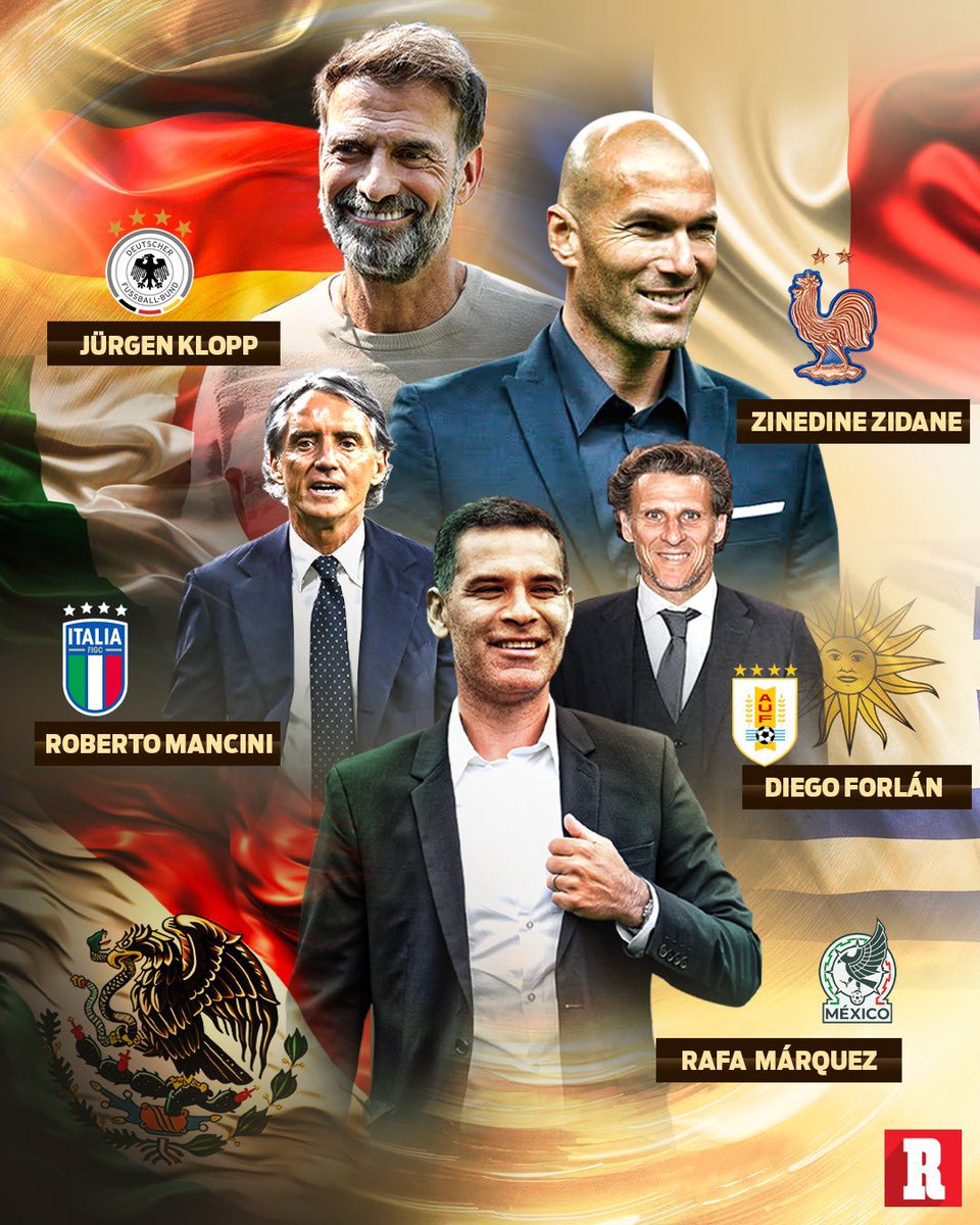 record_mexico's tweet photo. ¡PURO DT DE PESO! 😳🌍

Klopp, Zidane, Rafa Márquez, Roberto Mancini y Diego Forlán ya tienen un nuevo reto. 

Estas son algunas de las selecciones que estrenarán entrenador.⚽️🔥 https://t.co/983ppx2CsO