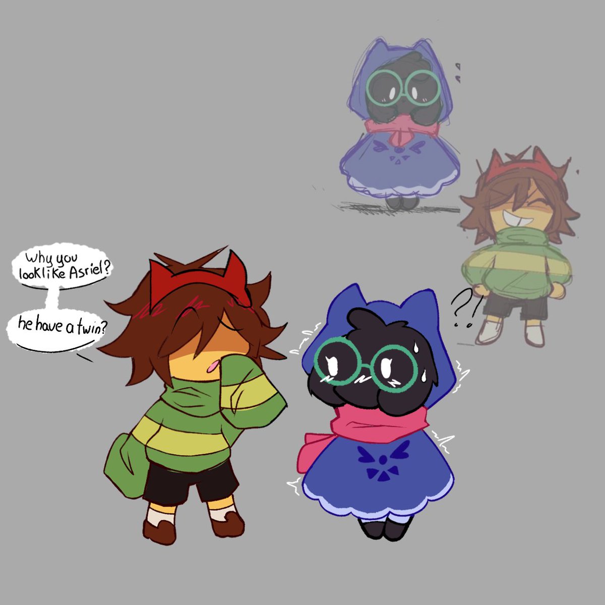 Fluffboyxd's tweet photo. I just saw these designs of Kris and Ralsei as cute kids and I had to draw them, if you know the real artist behind these designs, please let me know so I can give them credit. 

#deltarune #deltaruneart #kralsei https://t.co/QlsKuS83hg