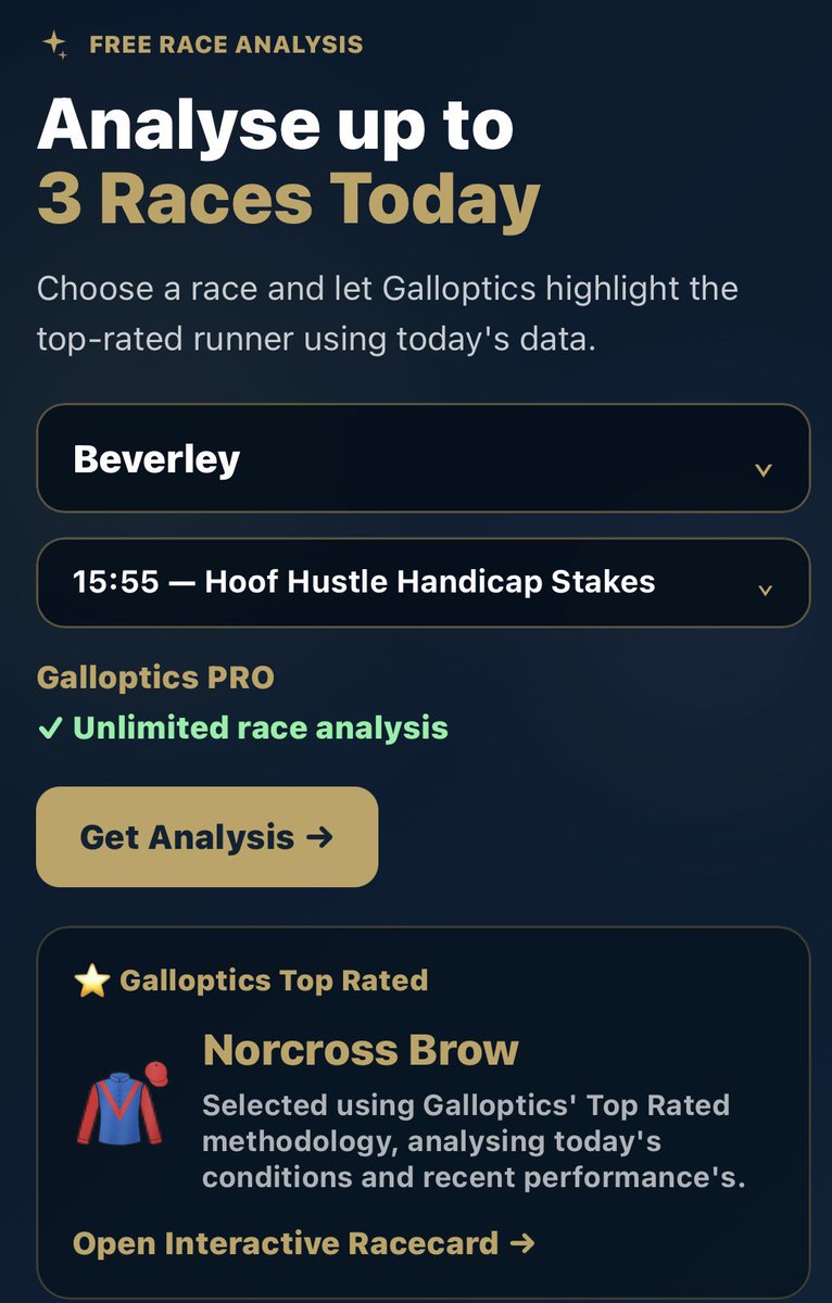 galloptics's tweet photo. What a day at @Beverley_Races 
Galloptics Picks delivered THREE winners:

1️⃣ Head Girl
2️⃣ Black Velvet Boy
3️⃣ Norcross Brow

Every day Galloptics Intelligence analyses all our data to make the strongest picks in each race in the UK and Ireland. 
It’s free to join and all users get to pick three races every day, pro users enjoy unlimited picks.

Head over to https://t.co/sWGYSNar5C to make your free selections for Thursday's Galway and Goodwood cards.

#Horseracing  #Beverleyraces