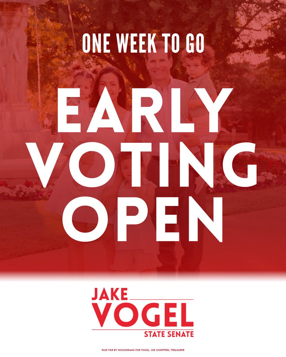 VoteJakeVogel's tweet photo. Election Day is just one week away.
You can vote on Tuesday, August 4, or you can stop by your County Clerk’s office and vote early now. Early voting is available in Camden, Cole, Miller, Moniteau, and Morgan counties. https://t.co/x70j348Yfo