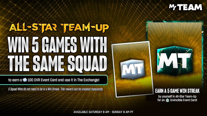 NBA2KMyTEAM's tweet photo. 💫 The rewards keep coming in All-Star Team-Up this weekend.

Earn unlimited 💯 OVR Festival Event Cards for every 5 wins with your squad between Sat 8 AM PT and Sun 8 AM PT.

Then go for 5 straight wins to unlock a one-time 🛡️ Invincible Event Card. Who’s running the court? 👀 🔥