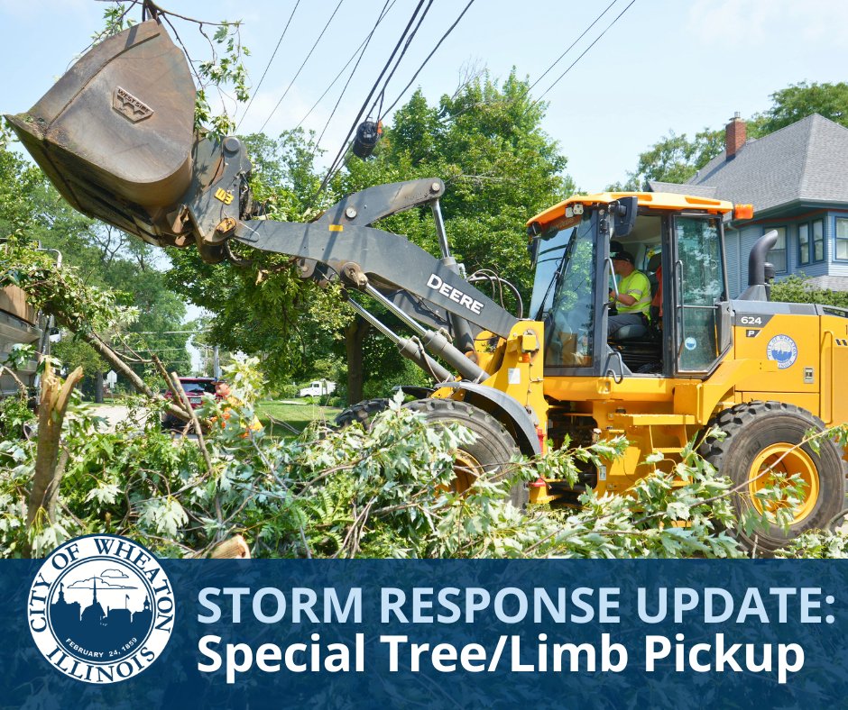 CityOfWheaton's tweet photo. City of Wheaton crews will be doing a citywide pickup of tree damage. Place tree limbs/branches at the curb for pickup by 7am Mon. to have items picked up. Crews will make one pass through the community. https://t.co/Zm8Fq7hQUu https://t.co/x0edOnVmgZ