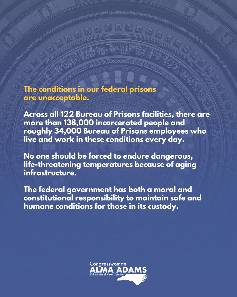 RepAdams's tweet photo. Many BOP facilities lack basic climate control, leaving people in cells where temperatures reach deadly levels during record heat waves and winter freezes. The Extreme Temperatures Injustice in Prisons Act would establish the first comprehensive federal standards for this crisis. https://t.co/zwTOH5KKgr