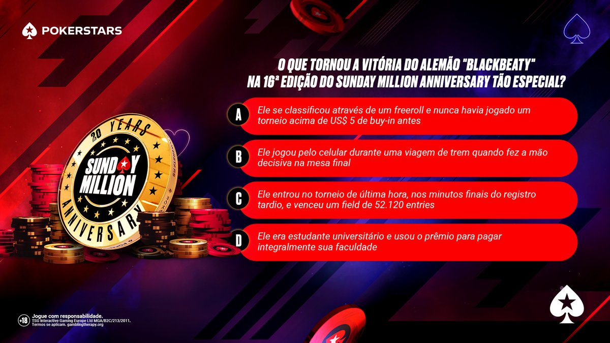 PokerStarsBR's tweet photo. O Sunday Million Anniversary carrega histórias incríveis ao longo de sua jornada! 💡
 
Se liga: UM de OITO tíquetes de US$ 11,00 pode ser seu! Responde aí!
 
⏰ Até amanhã, às 20h, no formato: X [StarsID] + #SundayMillionAnniversary
 
ℹ️ Termos se aplicam: https://t.co/Ez2i4rufFs https://t.co/VeXhi2ckM3