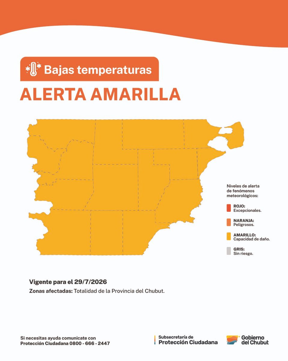 DcChubut's tweet photo. ❗Alerta amarilla por bajas temperaturas extremas, prevista para el miércoles 29 de julio.

📍Las zonas serán afectadas por temperaturas bajas, las cuales pueden tener un efecto leve a moderado en la salud.

🔍 Fuente: Servicio Meteorológico Nacional. https://t.co/RD9KSFGBvy