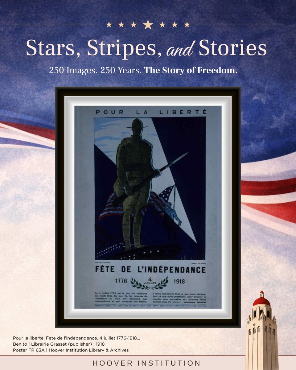 HooverInst's tweet photo. This French World War I poster depicts an American doughboy marching under the guidance of the Statue of Liberty, while George Washington looks on from the background. Created in 1918 by Spanish artist Eduardo Garcia Benito, it celebrates the alliance between France and the United States by linking America's struggle for independence in 1776 to its role in defending liberty abroad during the world war. By invoking President Woodrow Wilson's call to help "deliver the world" from tyranny, the poster portrays American freedom not only as a national achievement but also as a democratic ideal worthy of protection beyond the nation's borders.

The American Story. One Image at a Time.

For more on USA@250, visit: https://t.co/1RLRSveJtk