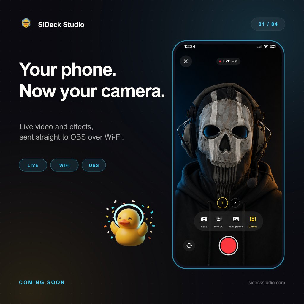 SIDeckStudio's tweet photo. Your iPhone is about to join your streaming setup. 📱🎥
Live camera. Background effects. AR masks.
Sent straight to OBS over Wi-Fi—no capture card or extra camera.
Coming soon to SIDeck Studio. 👀
#OBSStudio #LiveStreaming https://t.co/k3YCVOv2lI