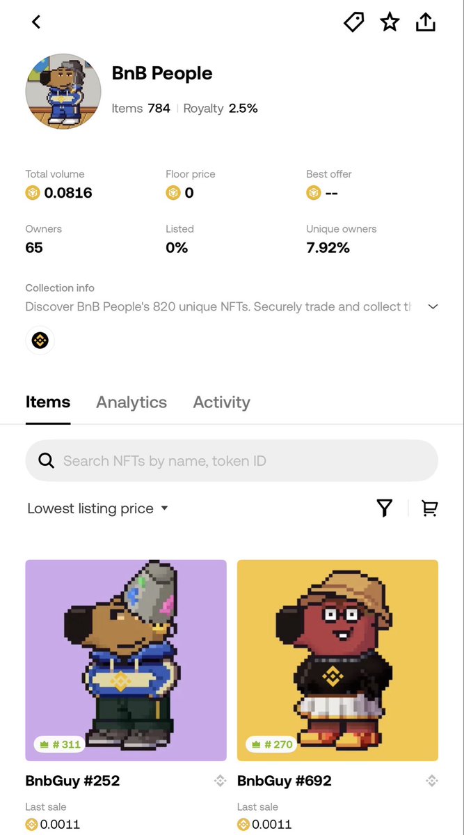 BNBguy_BSC's tweet photo. @wallet Hi everyone, the $BNBGUY community would like to thank you for listing our NFT collection.  It’s smart business to support every good project regardless of its growth phase.  You never know which small project might become the next big thing. 👀💚🤝

https://t.co/OOxT5XA5Bq https://t.co/vBf42Sdtew