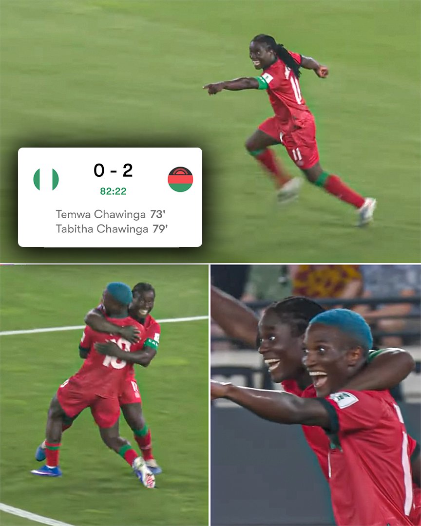 ESPNAfrica's tweet photo. Tabitha Chawinga sprinted straight to Temwa after scoring Malawi's second vs. Nigeria 🥹

Both sisters got on the scoresheet as they stun the Super Falcons 😮 https://t.co/bqU2BEL28N