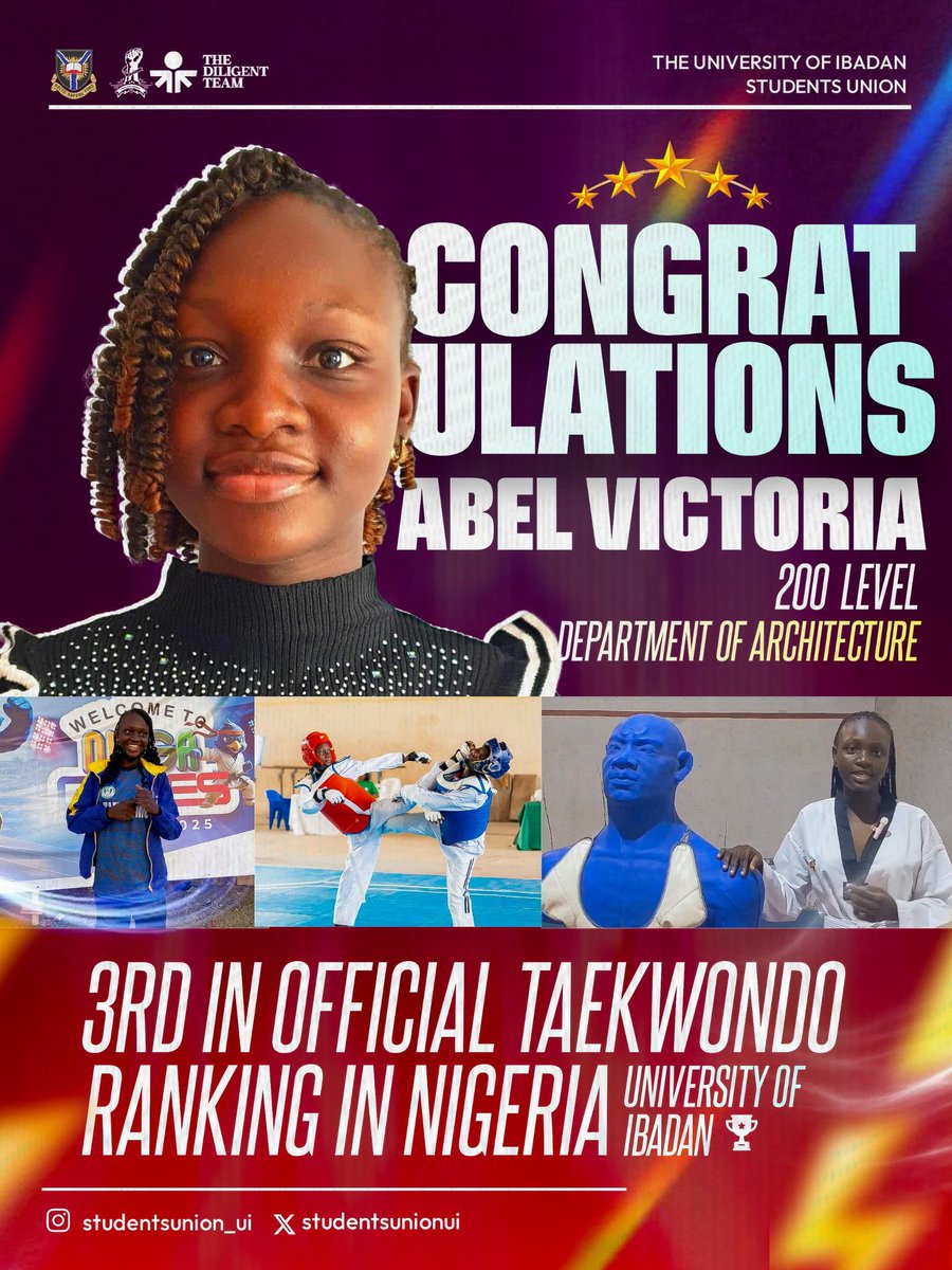 studentsunionui's tweet photo. FROM THE LECTURE ROOM TO THE NATIONAL PODIUM! 

​Huge congratulations to Abel Victoria (200L, Department of Architecture) on ranking 3RD IN THE OFFICIAL TAEKWONDO RANKINGS IN NIGERIA! 🇳🇬🥉
​Balancing Architecture design with elite martial arts? That’s pure Uite exceptionality! First and Best isn't just a title; it's our standard! 🏆✨

#FirstAndBest #UISU #Taekwondo #UIExcellence