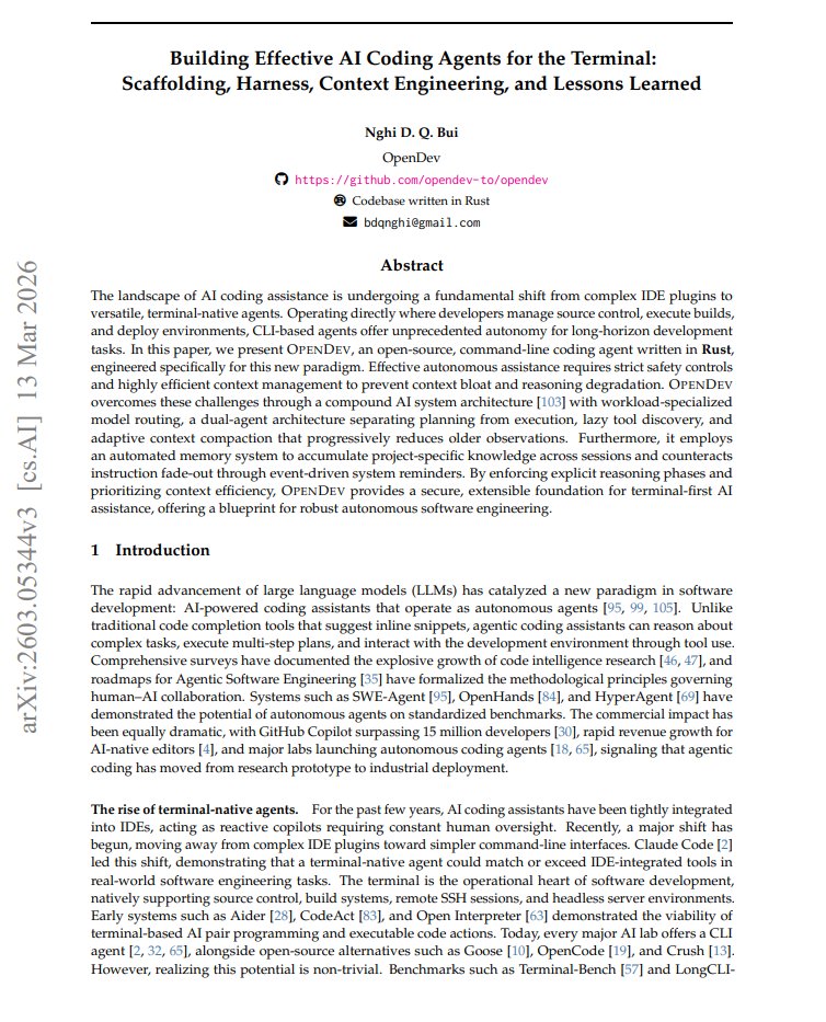 Title page of the arXiv paper 'Building Effective AI Coding Agents for the Terminal: Scaffolding, Harness, Context Engineering, and Lessons Learned' introducing OpenDev, a Rust CLI coding agent