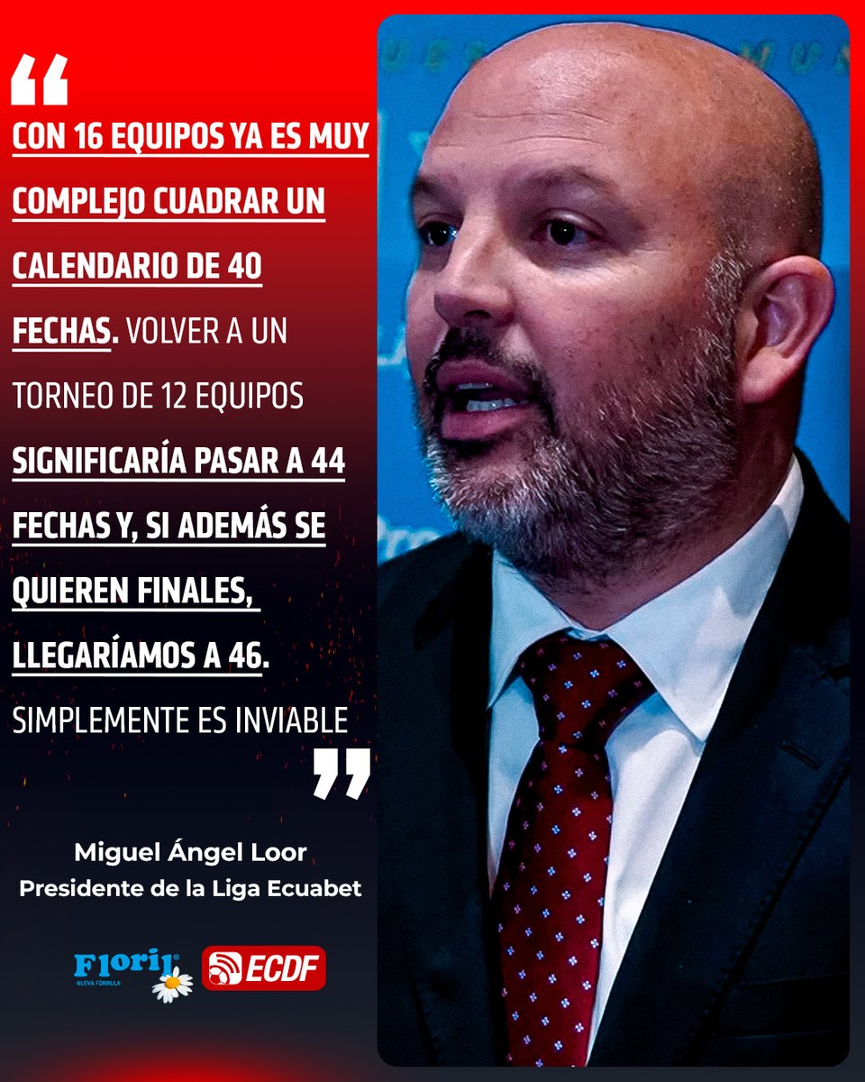 ElCanalDFutbol's tweet photo. 🚨🔥 "VOLVER A UN TORNEO DE 12 EQUIPOS SIGNIFICARÍA PASAR A 44-46 FECHAS, SIMPLEMENTE ES INVIABLE" 🔥🚨

🎙️ Miguel Ángel Loor, presidente de la #LigaEcuabet, habló sobre la posibilidad de reducir el número de equipos en la Serie A #Floril

🤔 ¿Qué les parecen estas declaraciones? https://t.co/8BO1BTx7Fc