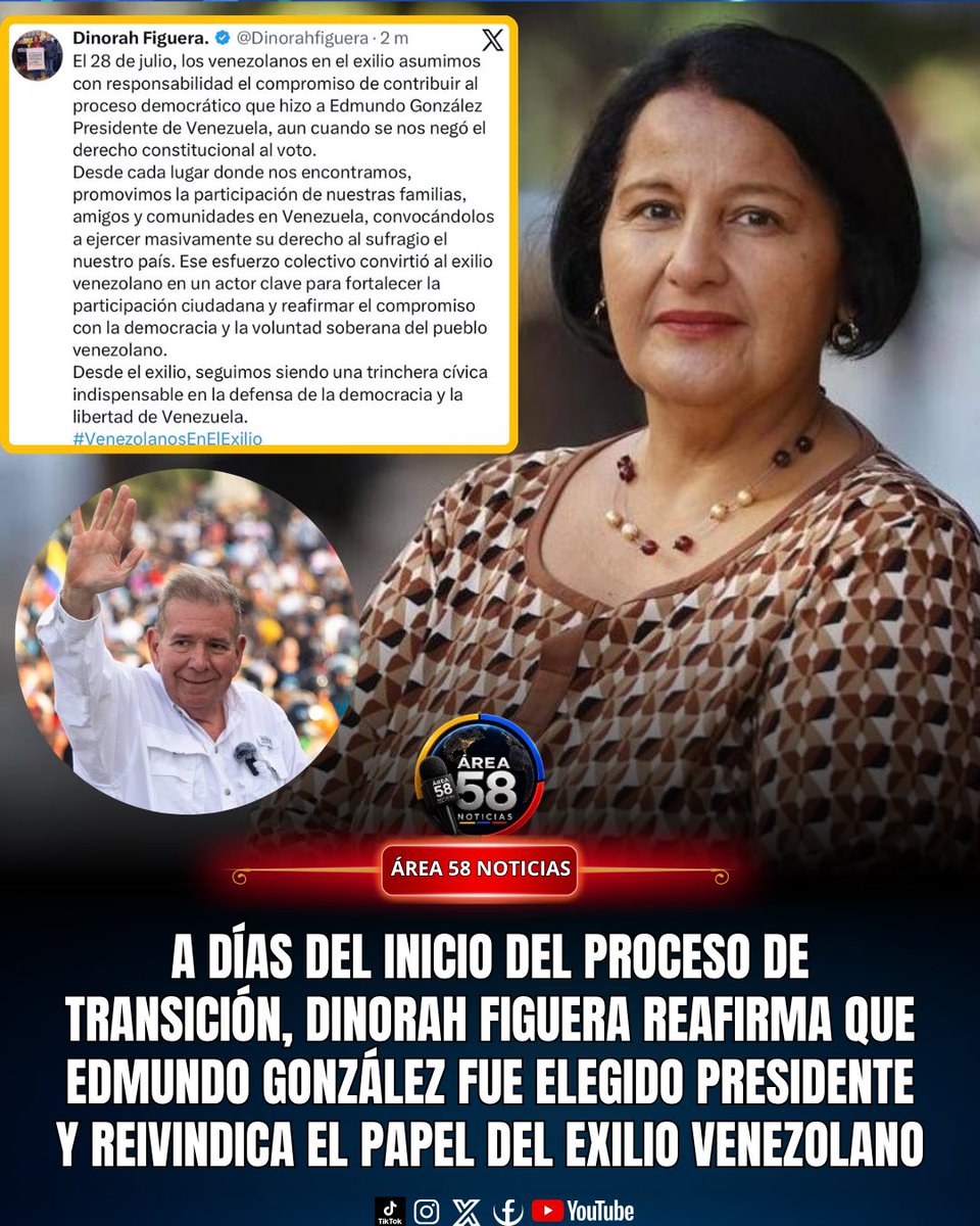AREA58_Vzla's tweet photo. 🚨🇻🇪 A días del inicio del proceso previsto para el #1Ago, Dinorah Figuera reafirmó que Edmundo González fue elegido presidente de Venezuela y defendió el papel del exilio como “una trinchera cívica indispensable” para la democracia y la transición. #Venezuela #Area58 https://t.co/bZTXz4lCh1