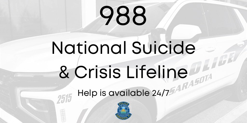 SarasotaPD's tweet photo. Our day shift officers responded to multiple calls of people who were experiencing crises today. Behind each call is a person who is hurting, loved ones who worry and a community that cares.

If you or someone you know is struggling, call or text 988.

There is hope. You matter. https://t.co/6g63cMx7uB