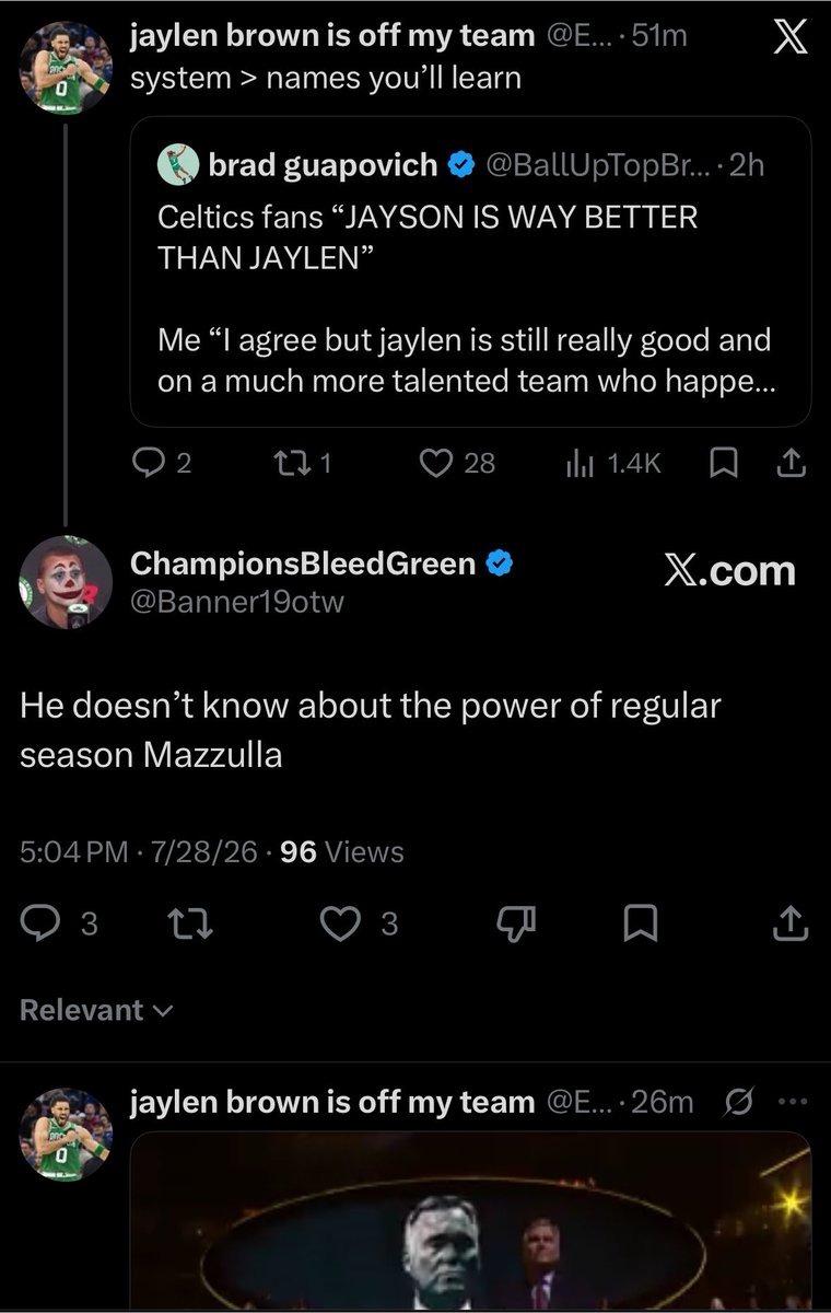 BallUpTopBrad's tweet photo. Now we as Boston Celtics fans are celebrating regular season shit now that Jaylen is gone #noStandards https://t.co/L0DjrvHsez