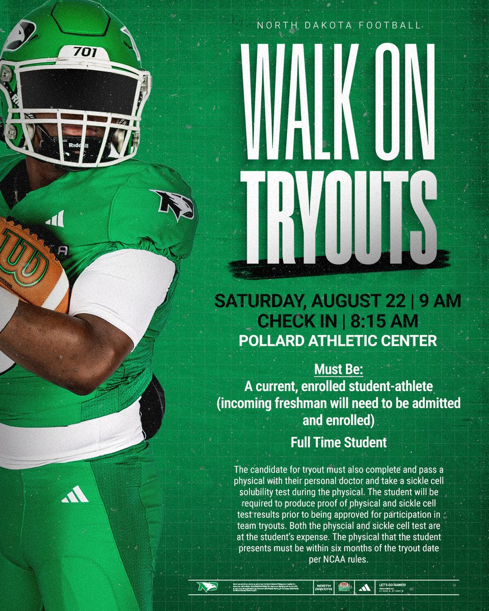 UNDfootball's tweet photo. ‼️ Walk on Tryouts‼️ 

#UNDproud | #LGH https://t.co/Eyi87EP6SV