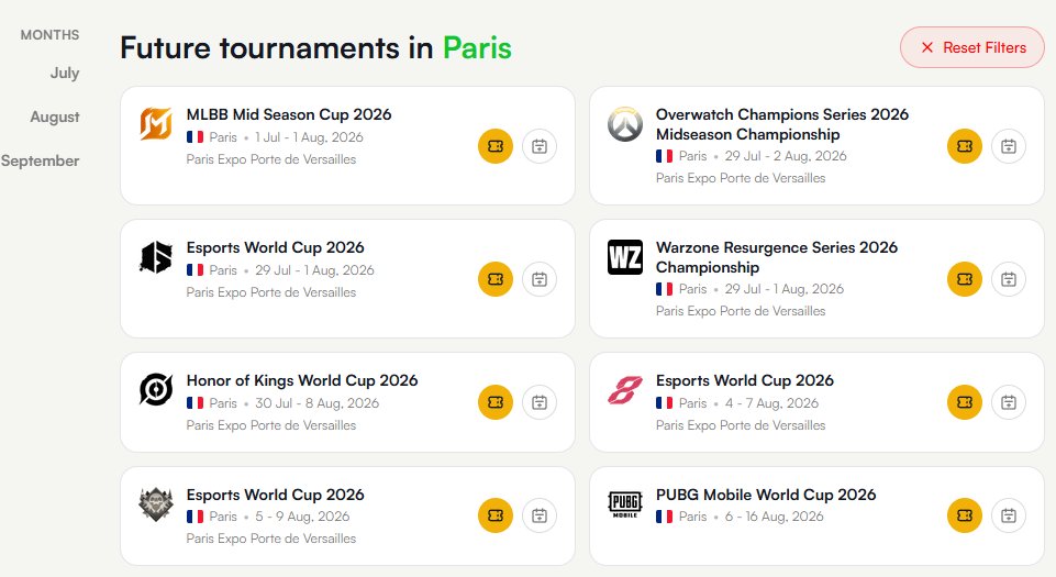 visitesports's tweet photo. Tickets for Esports World Cup 2026 are now one tap away on Visit Esports 🎟️

Every event, every date, official checkout - on the same card as the venue and the calendar reminder.

🇫🇷 Paris #EWC2026 @EWC_Festival https://t.co/BPUDmd8wF2
