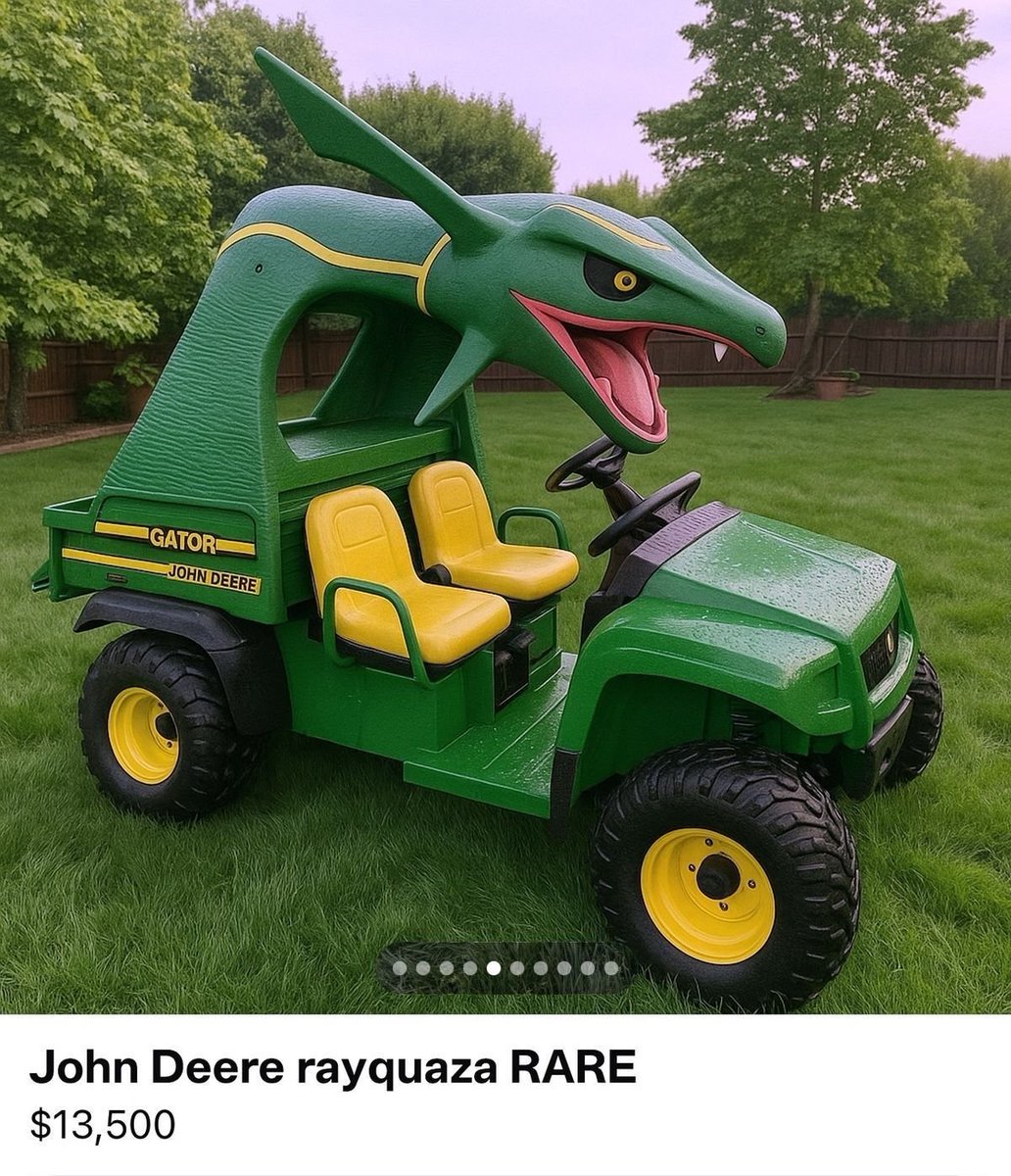 TiltRips's tweet photo. Should we buy this John Deere Rayquaza UTV and add it to our inventory? 🤔😂 https://t.co/U2JJsyiK2a
