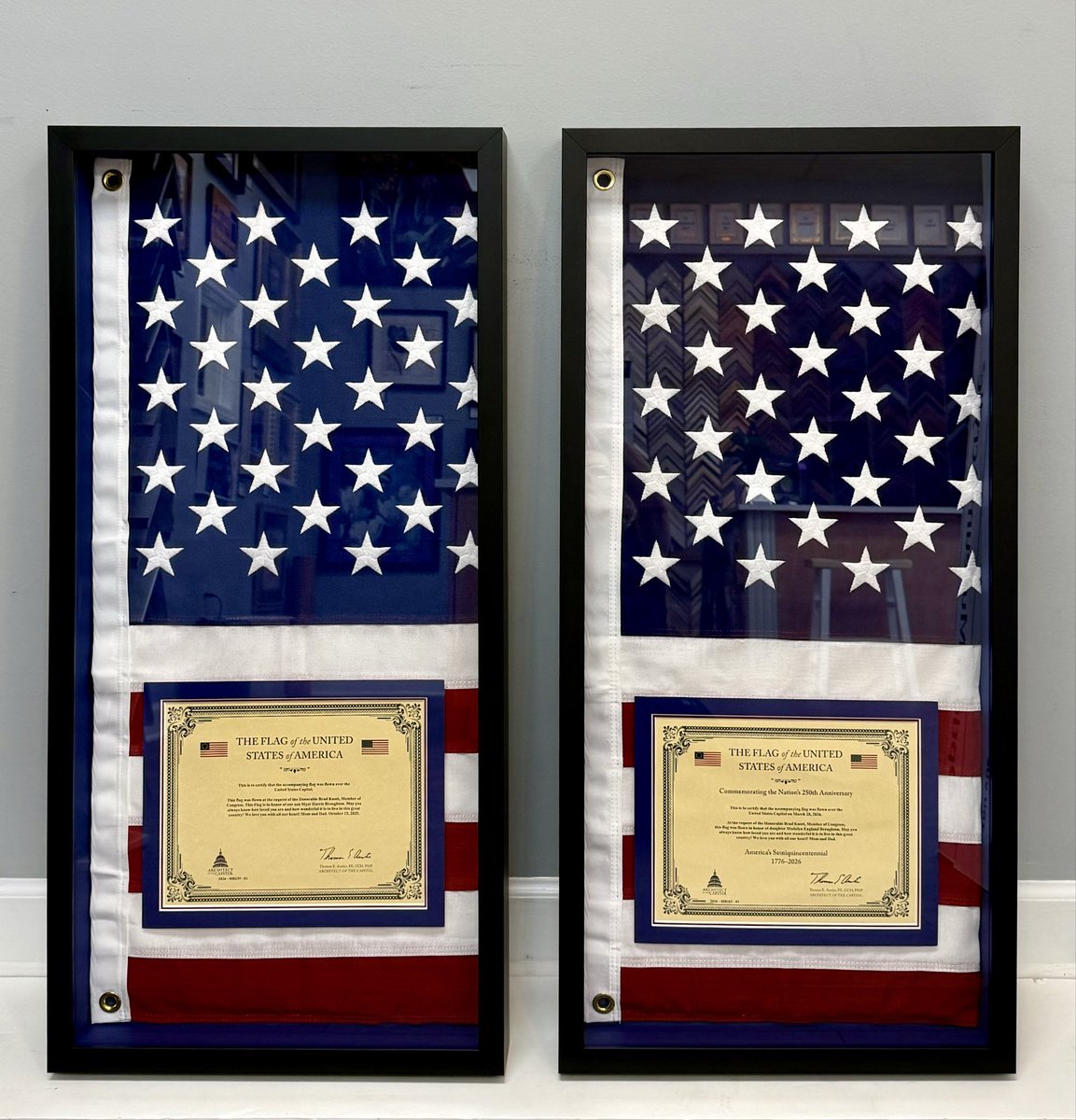 FrameArtShop's tweet photo. 🇺🇸The celebration doesn’t end on the Fourth of July. America’s 250th anniversary is a milestone worth honoring all year long.                              These commemorative American flags were flown over the White House in honor of Allen’s two children. https://t.co/rhS73cW2hi