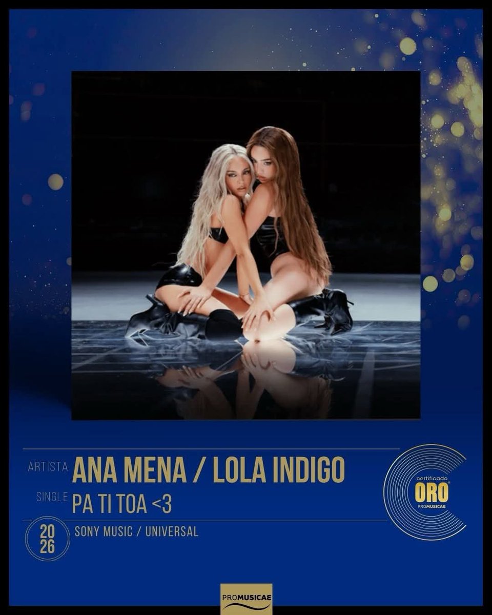 manuel19621119's tweet photo. ¡Enhorabuena! a Ana Mena @AnarenasOficial y Lola Indigo @lolaindigomusic que con su single "Pa ti toa" logra el CERTIFICADO @Promusicae_es de Disco de Oro 📀
#anamena
#lolaindigo
#CertificadoPROMUSICAE
#PaTiToa
#discodeoro📀 https://t.co/8O6YiZV4uC