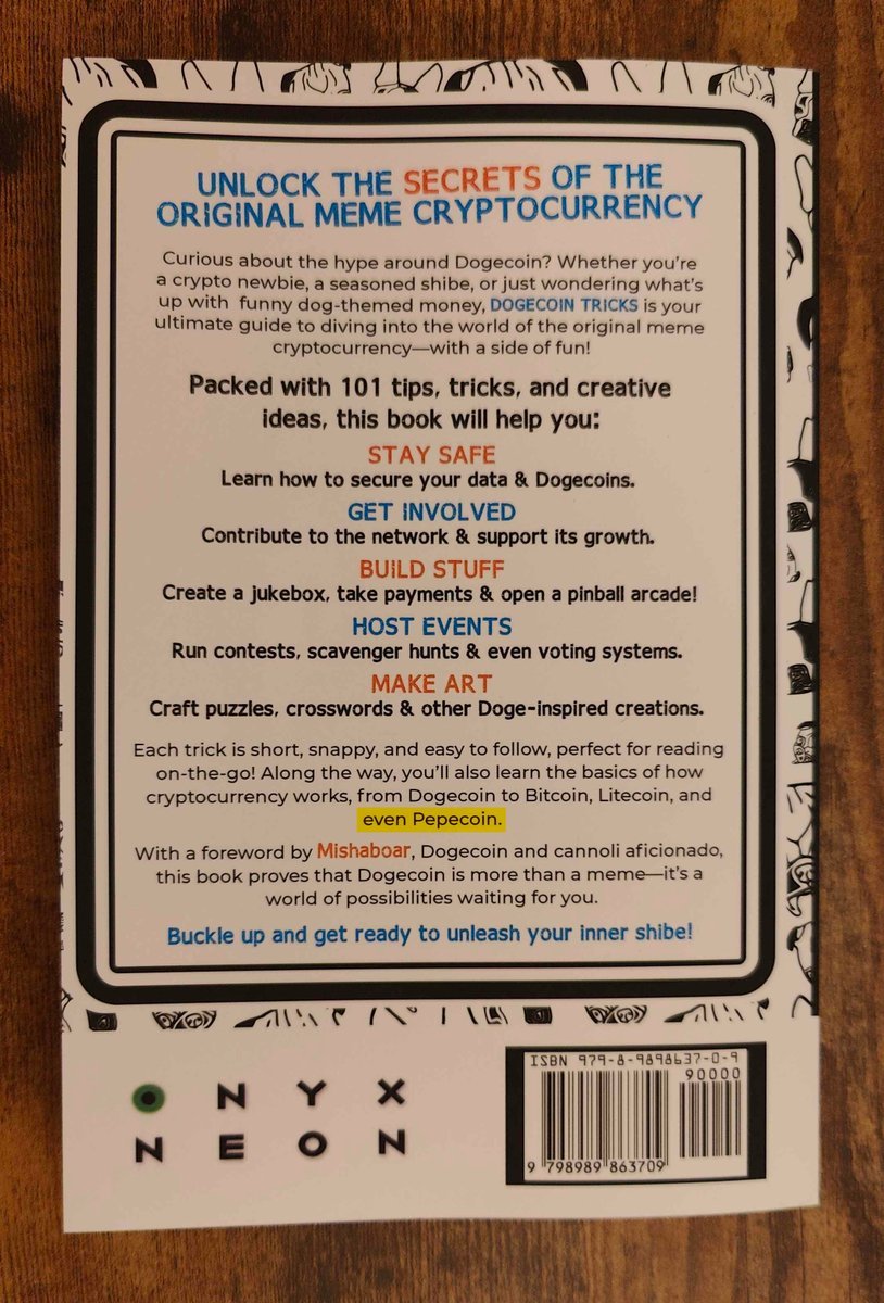 PepecoinNetwork's tweet photo. Did you know Pepecoin is mentioned on the back of a book? It's true!!

Dogecoin Tricks is a fun and engaging book that teaches you about all the cool things you can do with UTXO coins like Bitcoin, Litecoin, Dogecoin, and Pepecoin!

You can pick up a copy of the book on Amazon! https://t.co/mj5g9rChN6