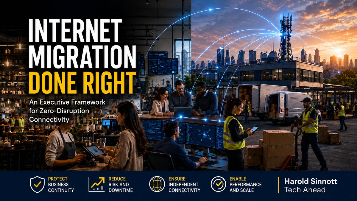 HaroldSinnott's tweet photo. Changing business internet providers shouldn’t mean disrupting the business itself.

My new Tech Ahead article shares a practical framework to reduce migration risk, protect continuity, and build more resilient connectivity.

🔗 Read it here: https://t.co/U9bWy8agD2

@TMobileBusiness Partner
#BusinessInternet #BusinessContinuity #5G