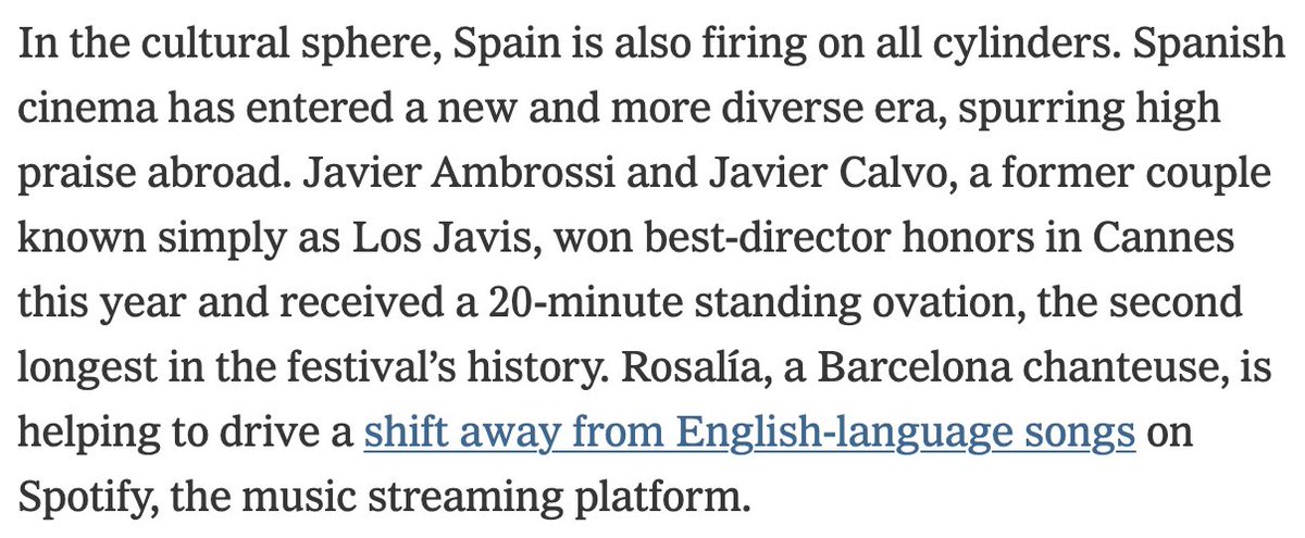 Nicolas_Colin's tweet photo. 🇪🇸 Since Spain won the World Cup, I’ve been obsessing over a thesis that I call “Latino Rising”, or the “Shakira Moment.” Hear me out.

There was a great article in the @nytimes about everything that’s going well in Spain, in addition to winning the World Cup. One of the points it made was that Spain is also experiencing a cultural renaissance, with Spanish cinema gaining international recognition and artists like Rosalía helping drive a shift away from English language songs on Spotify.

It immediately made me think about Bad Bunny at the Super Bowl and all the conversations it inspired about Latino culture slowly replacing Black culture as the mainstream avant-garde of American culture.

Hip hop has arguably been the biggest cultural force to emerge in the music industry over the past forty years. It reshaped music, fashion and youth culture around the world. But now, slowly and unmistakably, Latino artists and Spanish language music seem to be starting to occupy that same space.

And then here’s a third data point. On a recent episode of the "Geopolitical Cousins" podcast, geopolitical analyst Marko Papic made the point that although every European country, like most of the rest of the world, faces demographic decline, Spain is much better positioned because it has access to a vast pool of immigration: Spanish-speaking Latin America. These immigrants arrive with a shared language, cultural familiarity and historical ties, giving Spain a unique advantage in integrating new arrivals.

And so you see, there’s this triangle:

1️⃣ Spain as the Old World anchor, winner of the World Cup and going through an energy and manufacturing renaissance.

(Not even mentioning its PM Pedro @sanchezcastejon standing up to Trump and Trump declaring Spain a “lost cause”, which might be the best endorsement ever.)

2️⃣ Latin America as the deep demographic pool, providing sheer scale and cultural diversity across so many different countries, from Chile to Argentina to Colombia to El Salvador to Mexico.

3️⃣ The US as the financial and soft power amplifier, with the world’s largest entertainment industry, the dominant global media platforms, and a rapidly growing Hispanic population that acts as a cultural bridge between Latin America and the wider world.

Once those three get in sync, Spain’s economic and geopolitical resurgence, Latin America’s demographic and cultural depth, and America’s financial and media power could combine to make Latino culture, and Spanish as a language, even more dominant globally, offering a Western cultural and soft power alternative to the Anglosphere.

Who symbolizes this new world better than @shakira? Born in Colombia, obviously popular in Spain as well as in the US, she has been a global icon since at least the 2010 World Cup. Everyone knows her and knows her songs, just like with Madonna in the 1980s.

Latino Rising: what we’re witnessing is a power shift in the West from the Anglosphere towards the Latinosphere, symbolized by the passing of the baton between Madonna and Shakira.

The Latinosphere, being distributed across three powerful nodes, and then splitting down further in a fractal manner across South America and within Spain itself, is also much more representative of a multipolar world than the US dominated Anglosphere.

As for me, as suggested by my wife, I’ll start taking Spanish lessons on Duolingo. Being French, it should be easy, or at least easier than Mandarin.

What do you think?