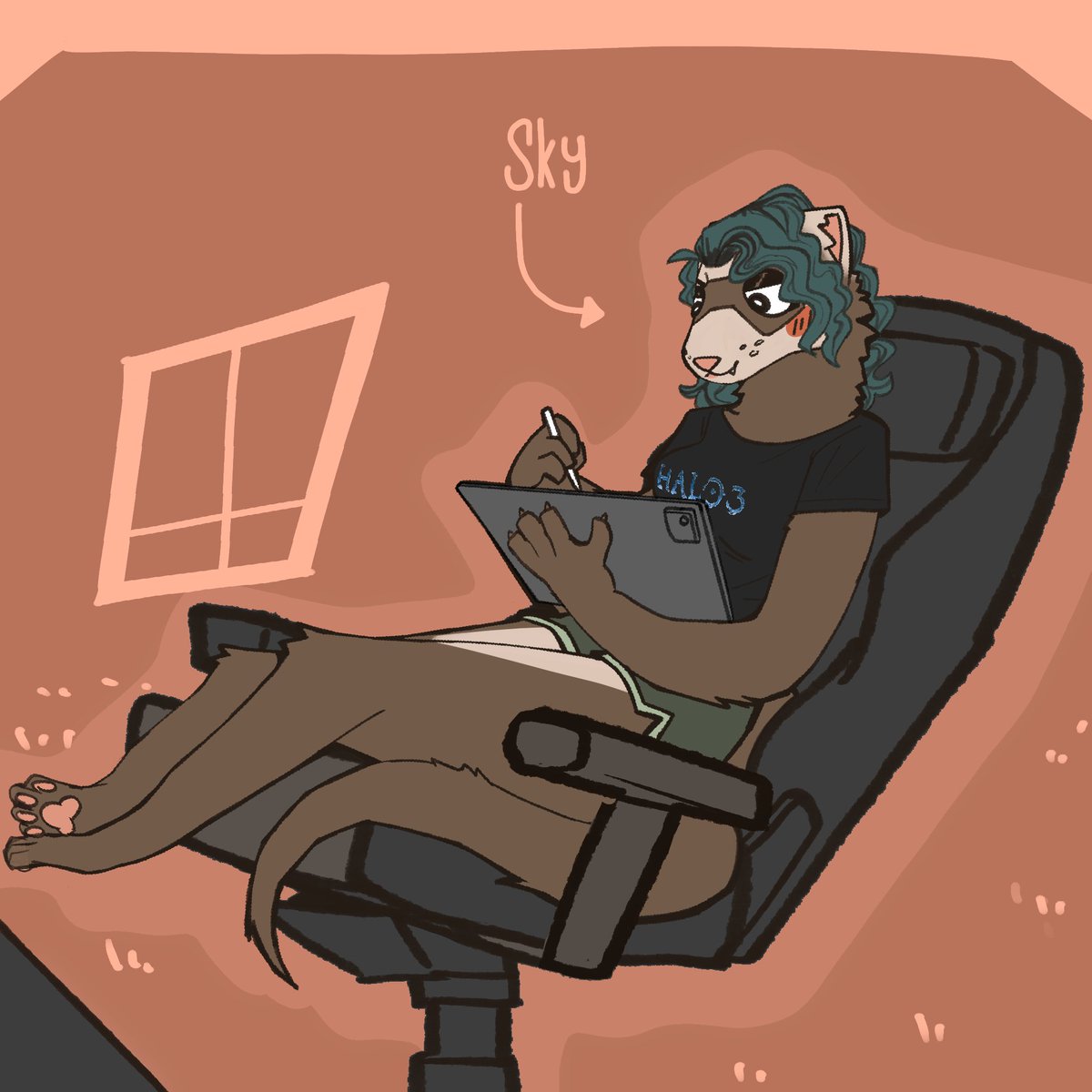 HornyMinereth's tweet photo. If you’ve ever wondered how my posture is while drawing, I use the recline of the chair to bring my eyes more in level, and sometimes i’ll curl up in a ball and rest the ipad on my legs.

Also meet Sky!

-> Sky https://t.co/urqUJ4yhUx