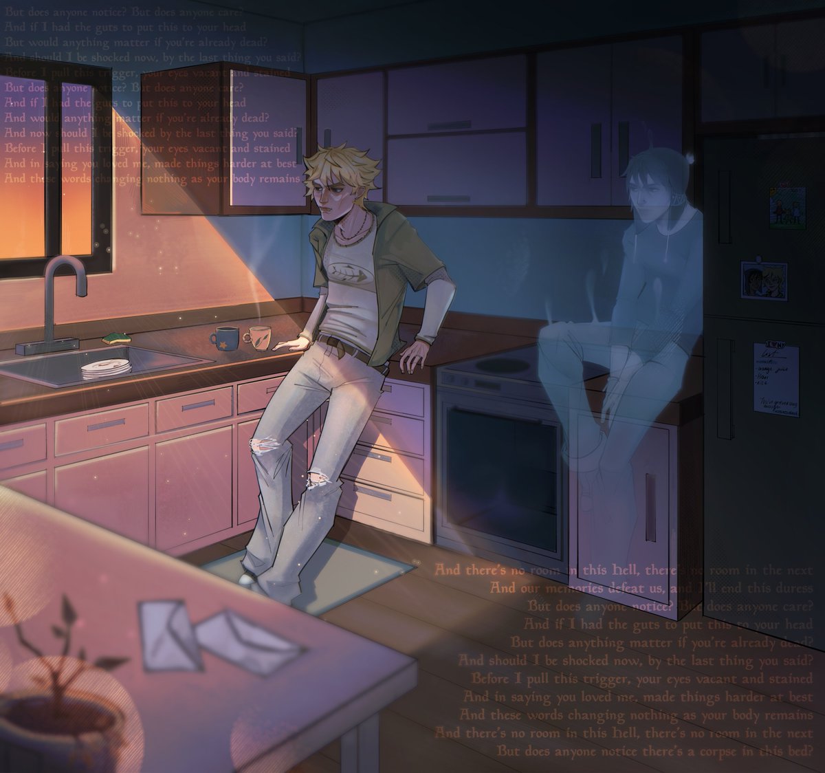 _d1stopia's tweet photo. But does anyone notice there's a corpse in this bed? 
I love this au sm 🥀
#sptwt #spcreek 💚💙 https://t.co/KZp9h8b436