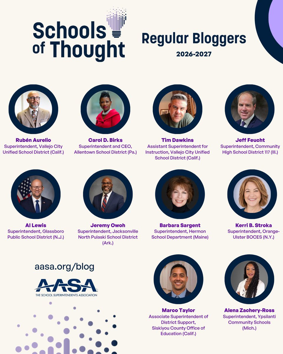 AASAHQ's tweet photo. We are introducing this year's Schools of Thought Regular Bloggers. Ten district leaders from across the country will be sharing candid stories from the field throughout the school year, covering the realities, opportunities and wins that come with leading a school system.

Meet the bloggers and get ready for their first posts in the weeks ahead: https://t.co/DG1aA3XHpi

#AASABlog