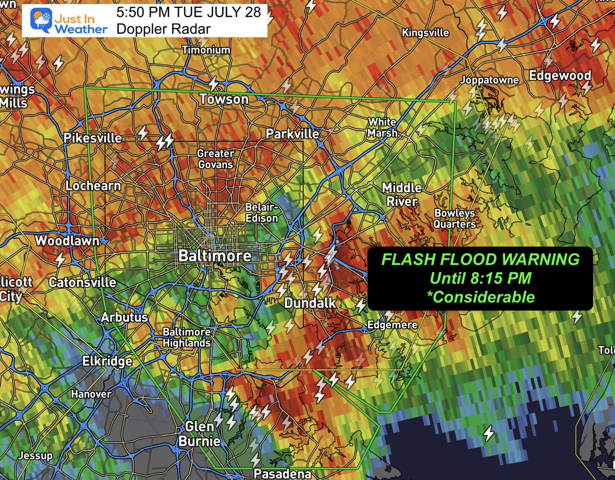 JustinWeather's tweet photo. ‼️ 💦 FLASH FLOOD WARNING
Baltimore! - This is what I was telling you earlier...
Also surrounding the city... 
🚫✈️ Ground Stop At BWI due to lightning

📡 Doppler radar indicated thunderstorms producing heavy rain across the warned area. Between 1 and 3 inches of rain have fallen. Additional rainfall amounts of 1.5 to 2.5 inches are possible in the warned area. Flash flooding is ongoing or expected to begin shortly.

📍 Some locations that will experience flash flooding include... Baltimore... Pikesville... Middle River... Riviera Beach... Sparrows Point... Back River... North Point State Park... Fort Smallwood State Park... Millers Island... Glen Burnie... Dundalk... Towson... Catonsville... Essex... Woodlawn... Parkville... Carney... Perry Hall... Lochearn... Pasadena...

#flood
#Warning
#weather
#baltimore