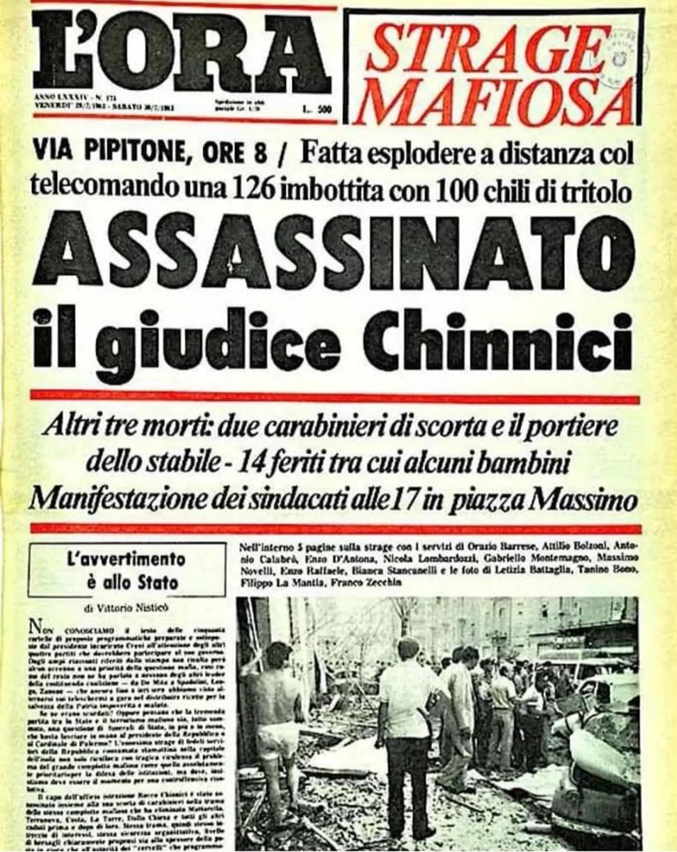 sarais53's tweet photo. #ricordiamodomani
#29luglio 1983 In uno d. attentati di mafia + feroci, m. Rocco Chinnici🌹
Il Magistrato che aggiornò il metodo di lavoro per combattere la mafia.
Con giovani colleghi come G. Falcone e 
P. Borsellino ideò il *Pool Antimafia.
La svolta nella lotta a Cosa Nostra. https://t.co/6vlSvHg0vR