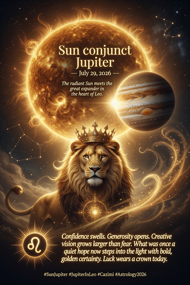 ArcaneArk369's tweet photo. #Sun conjunct #Jupiter — July 29, 2026.

The radiant Sun meets the great expander in the heart of Leo.
Confidence swells. Generosity opens. Creative vision grows larger than fear.
What was once a quiet hope now steps into the light with bold, golden certainty.

Luck wears a crown today. ☀️🦁✨

#SunJupiter #JupiterInLeo #Cazimi #Astrology2026