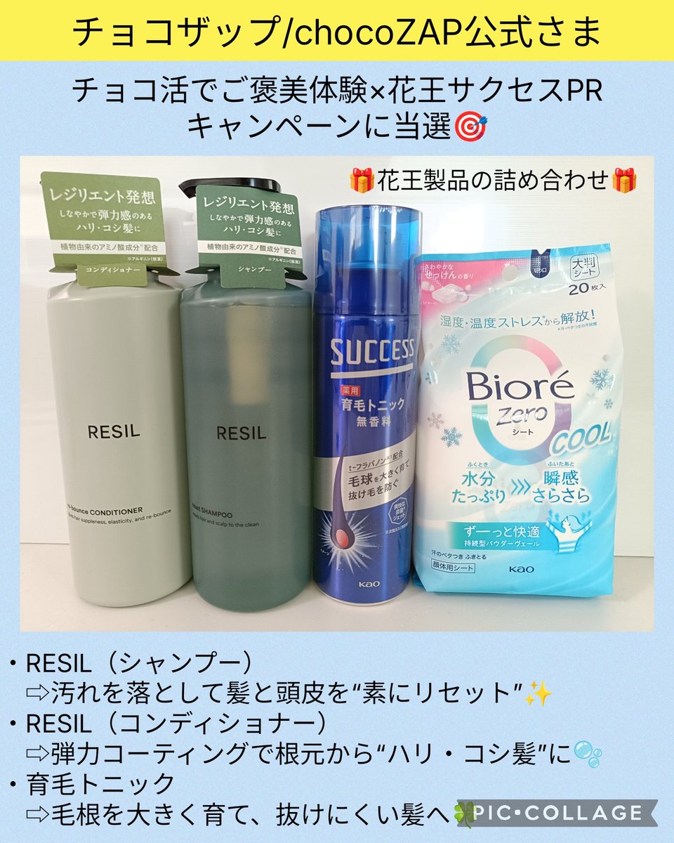 gucci09254121's tweet photo. チョコザップ/chocoZAP公式（@chocozap_）様

チョコ活ご褒美体験×花王サクセスPRにて、花王製品詰合せに当選🎯

RESIL（ｼｬﾝﾌﾟｰ+ｺﾝﾃﾞｨｼｮﾅｰ）は、髪と頭皮の汚れを落とし、弾力コーティングでハリ・コシ髪へ✨️
育毛トニックは毛根を大きく育て抜けにくい髪へ🍀

#まさ4121の当選報告📸 https://t.co/w1j1uU6yNz