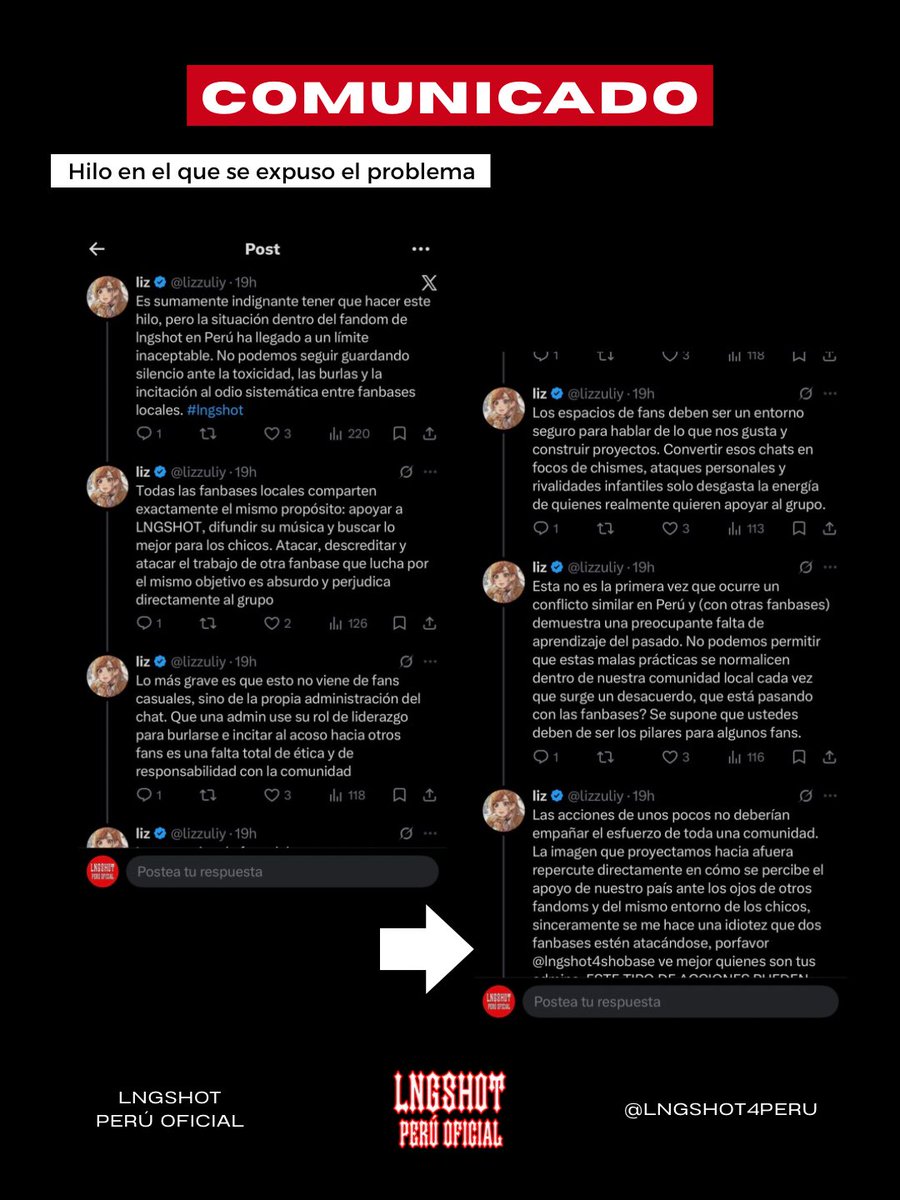 lngshot4peru's tweet photo. COMUNICADO OFICIAL acerca de los últimos acontecimientos en los que la fanbase LNGSHOT PERÚ OFICIAL (@ lngshot4peru) se vio involucrada. 

Por favor, tómense el tiempo de leer el comunicado completo e interpretar las capturas adjuntas en el mismo. 

Muchas gracias. https://t.co/JEYekAqehW