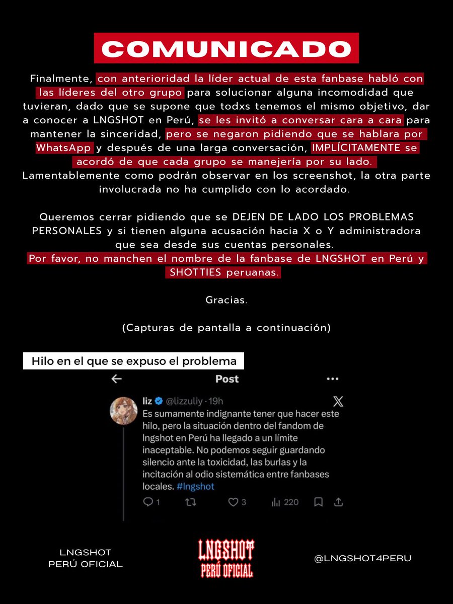 lngshot4peru's tweet photo. COMUNICADO OFICIAL acerca de los últimos acontecimientos en los que la fanbase LNGSHOT PERÚ OFICIAL (@ lngshot4peru) se vio involucrada. 

Por favor, tómense el tiempo de leer el comunicado completo e interpretar las capturas adjuntas en el mismo. 

Muchas gracias. https://t.co/JEYekAqehW