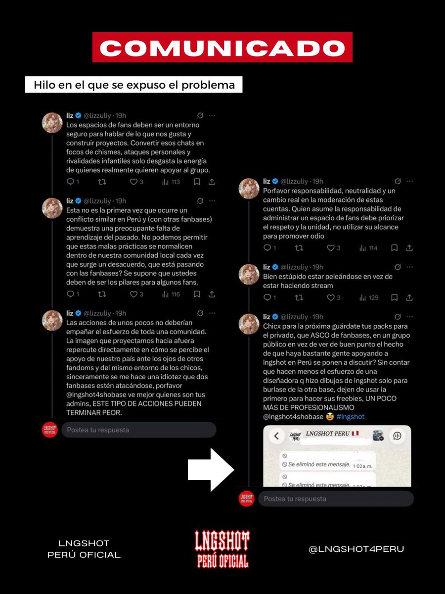 lngshot4peru's tweet photo. COMUNICADO OFICIAL acerca de los últimos acontecimientos en los que la fanbase LNGSHOT PERÚ OFICIAL (@ lngshot4peru) se vio involucrada. 

Por favor, tómense el tiempo de leer el comunicado completo e interpretar las capturas adjuntas en el mismo. 

Muchas gracias. https://t.co/JEYekAqehW