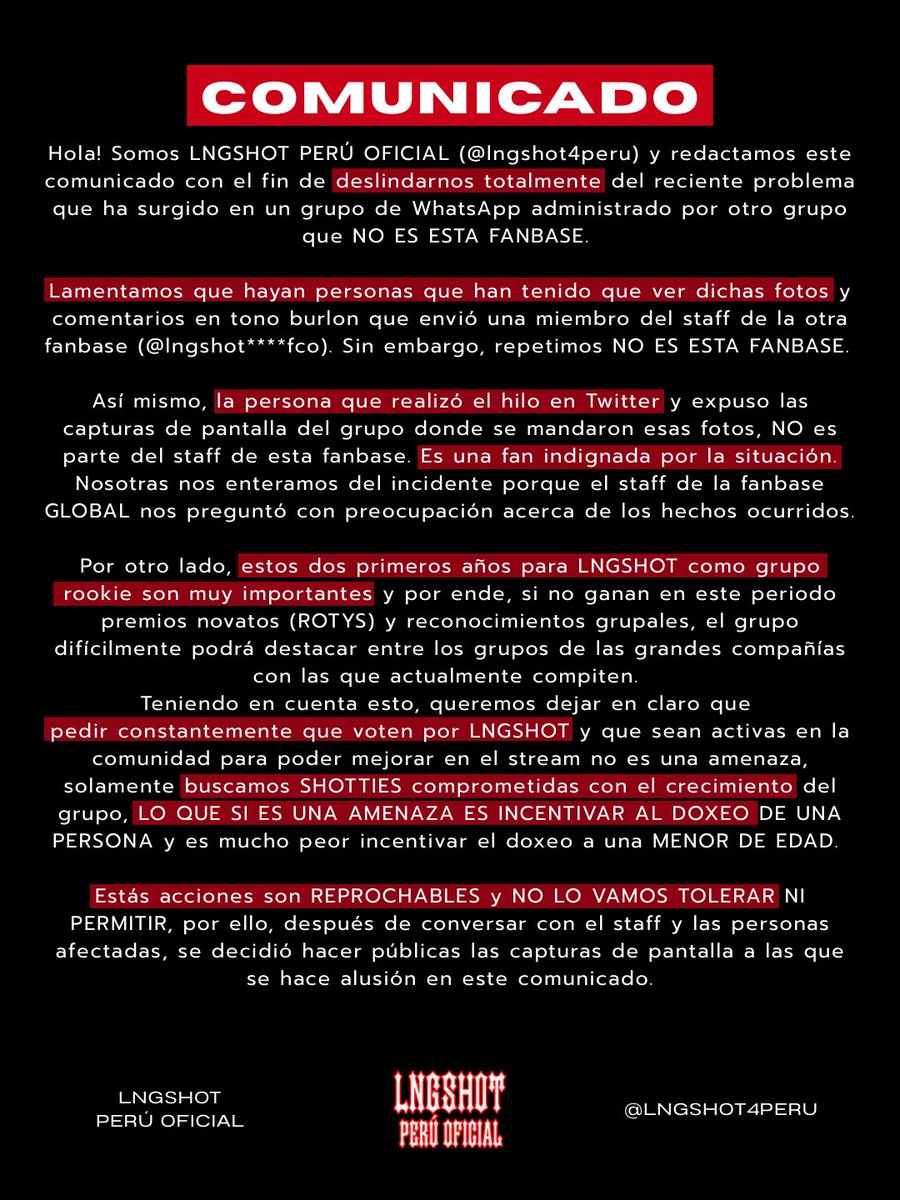 lngshot4peru's tweet photo. COMUNICADO OFICIAL acerca de los últimos acontecimientos en los que la fanbase LNGSHOT PERÚ OFICIAL (@ lngshot4peru) se vio involucrada. 

Por favor, tómense el tiempo de leer el comunicado completo e interpretar las capturas adjuntas en el mismo. 

Muchas gracias. https://t.co/JEYekAqehW