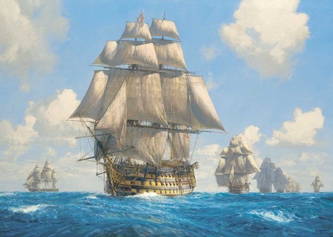 Empireaesth's tweet photo. HMS Victory on the Atlantic Chase (August 1805)

- Geoff Hunt

In 1805 the French fleet broke the British blockade at Toulon and headed across the Atlantic to the Caribbean. Nelson and his fleet gave chase and arrived in the Caribbean soon after the French.

The French (joined by Spanish allies) had started their return journey in order to link up with the French army preparing to invade England. On the way back they fought an indecisive action off Cape Finisterre against a British squadron, after which Villeneuve put into Spanish ports and eventually withdrew to Cádiz.

It was at Cádiz that Nelson caught up and blockaded the Combined Fleet, leading to the Battle of Trafalgar on 21 October 1805. This was Britain’s greatest naval victory and helped establish British naval dominance for the next 100 years.