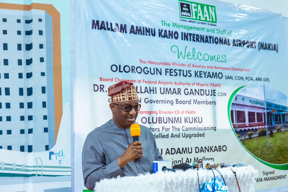 fkeyamo's tweet photo. Earlier today, I commissioned the newly upgraded Dankabo Domestic Terminal at Mallam Aminu Kano International Airport (MAKIA) in Kano.  I was joined by the Chairman of the FAAN Board, Dr. Abdullahi Umar Ganduje and the Managing Director/Chief Executive of FAAN, Mrs. Olubunmi Kuku.

The upgraded facilities are designed to deliver a more seamless and world-class passenger experience.  

At the commissioning, I also announced the Federal Government’s approval of ₦46 billion for the rehabilitation of MAKIA’s primary and secondary runways, further strengthening Kano’s position as the premier gateway to Northern Nigeria.