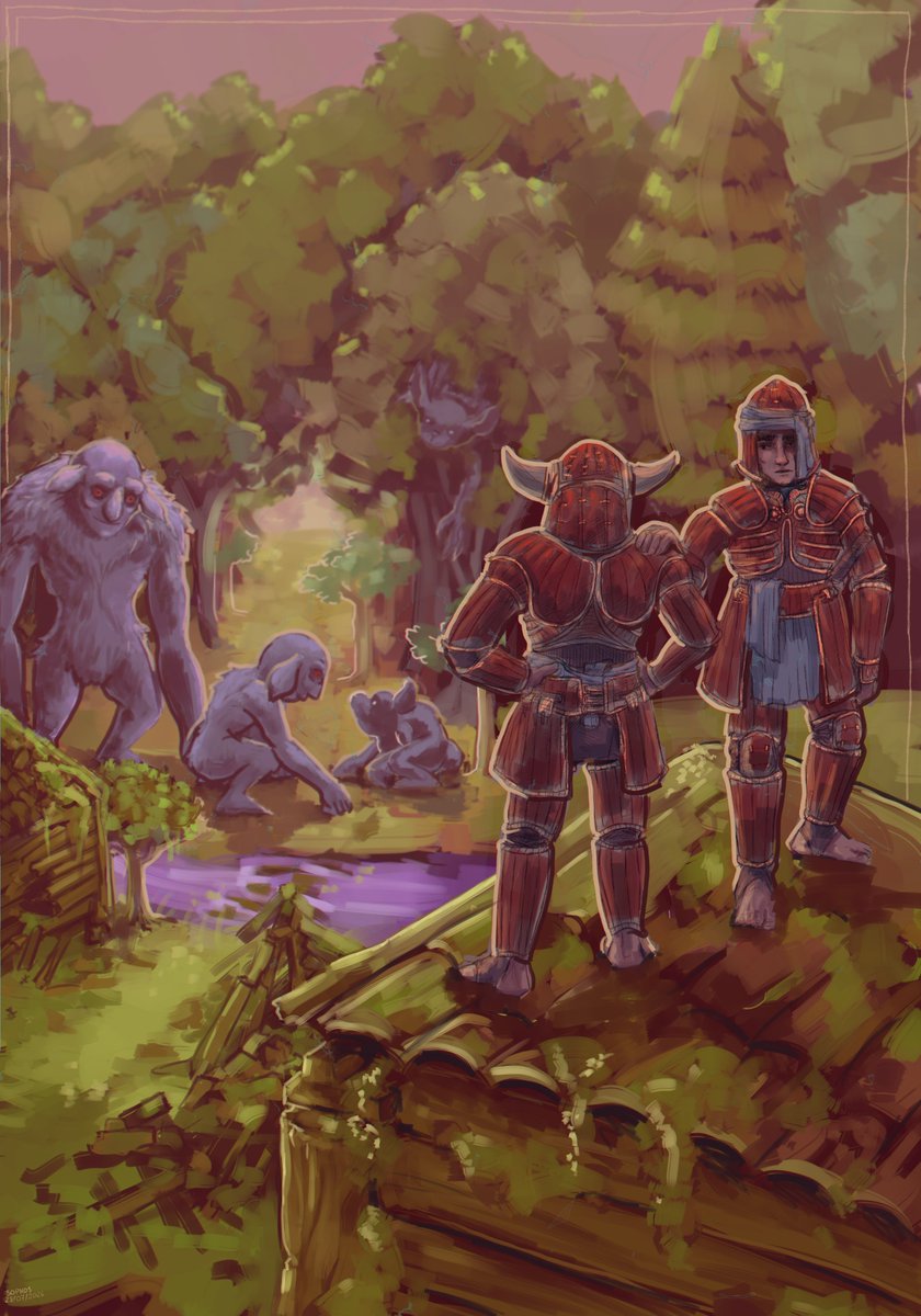 StarSeekerSoft's tweet photo. "Jimori Outskits"
The Red Ji pair takes a pause on a lost village in the Jimori outskirts near the Giant Wilds. They are hunting a precious treasure of their people. Across the stream, two wild Giants interact with a Jimochi. https://t.co/vvhHQwViBL