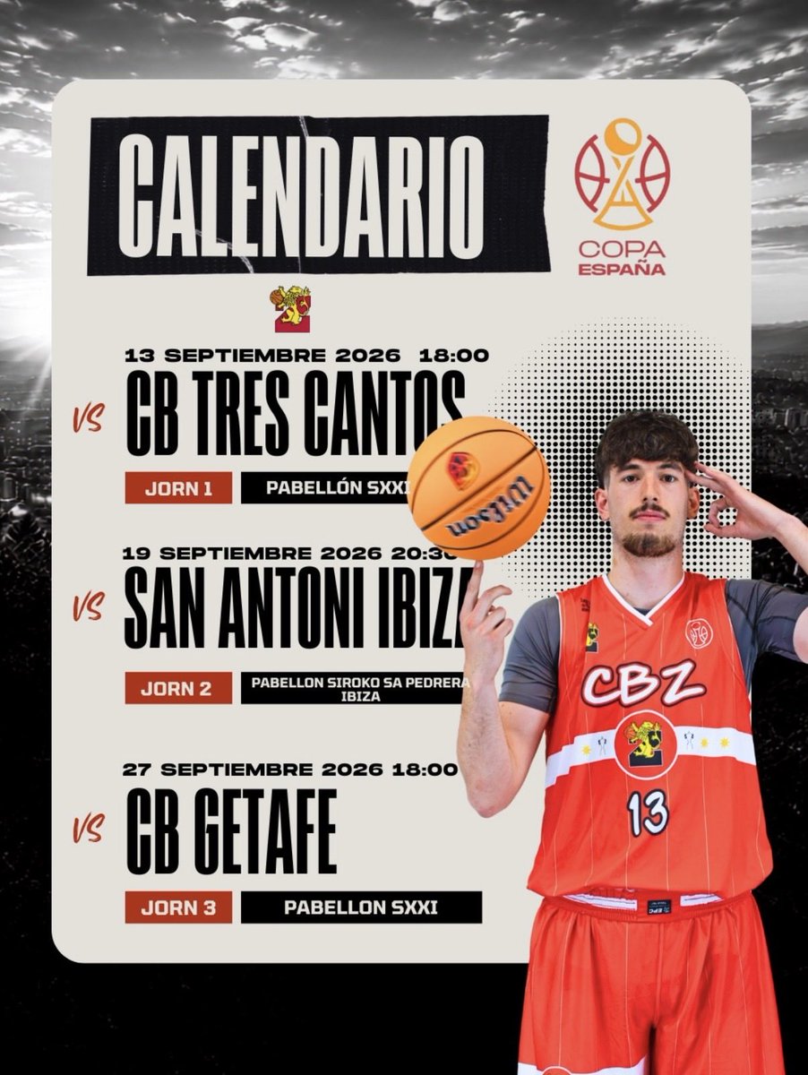 cbzaragoza's tweet photo. 🏆 La #CopaEspañaFEB ya está aquí. 

Debut en 🏡 vs. @CBTresCantos 
✈️ vs. @CBSantAntoni y de nuevo en 🏡 vs. @cbgetafe para cerrar una primera fase que se desarrollará durante el mes de Septiembre. 

🎟️ Abónate ya para verla en directo https://t.co/WjjlwhBsHO https://t.co/EcKA8EqT2V