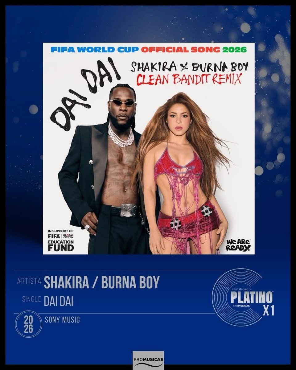 manuel19621119's tweet photo. ¡Enhorabuena! a @shakira @ShakiraMedia y @burnaboy que con su single "Dai dai" logra el CERTIFICADO @Promusicae_es de Disco de Oro 📀
#shakira
#CertificadoPROMUSICAE
#daidai
#discodeoro📀
#conciertosmaa https://t.co/1DfIBwuE5r