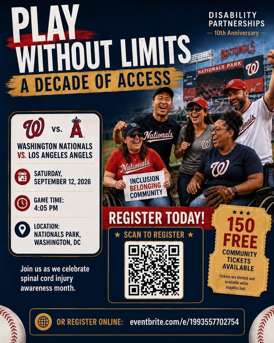 InNowOrg's tweet photo. Celebrate Disability Partnerships' 10th anniversary and Spinal Cord Injury Awareness Month at the Washington Nationals game on Sept. 12 at 4:05 p.m. at Nationals Park. 150 free community tickets are available while supplies last.

Register: https://t.co/SN7Y48g46h https://t.co/2k8h47TqOE