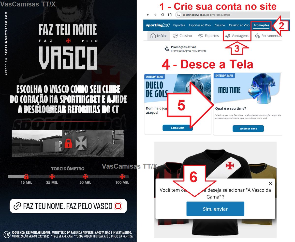 Vasco2027_'s tweet photo. Nesse momento, esqueçam os jogadores e a Diretoria porque isso aqui é pelo C.R. VASCO DA GAMA.

Sei que o momento em campo é ruim, mas temos uma grande oportunidade: sem gastar nada, podemos melhorar muito o nosso CT. Basta batermos as metas da SportingBet (NÃO PRECISA APOSTAR NADA) para enfim termos um CT digno (o nosso é um dos piores da série A hoje).

Segue o tutorial bem rápido para conseguirmos isso. Não é nada complicado e você estará ajudando o CLUBE.

1- Tenha conta no site (ou crie na hora)
2- Vá na aba 'PROMOÇÕES'
3- Vá na aba 'VANTAGENS'
4- Desça a tela até a opção MEU TIME
5- Clique no banner
6- Escolha o VASCO DA GAMA
7- Clique em "Sim, enviar"

Quem estiver com mais disposição para ajudar o clube, pode fazer isso por contas de parentes (que concordarem com isso)